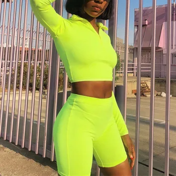 

New Female Fitness Fluorescence Two Pieces Sets 2019 women Autumn Zipper Full Collar Sleeve Tops And Shorts High Waist Suits