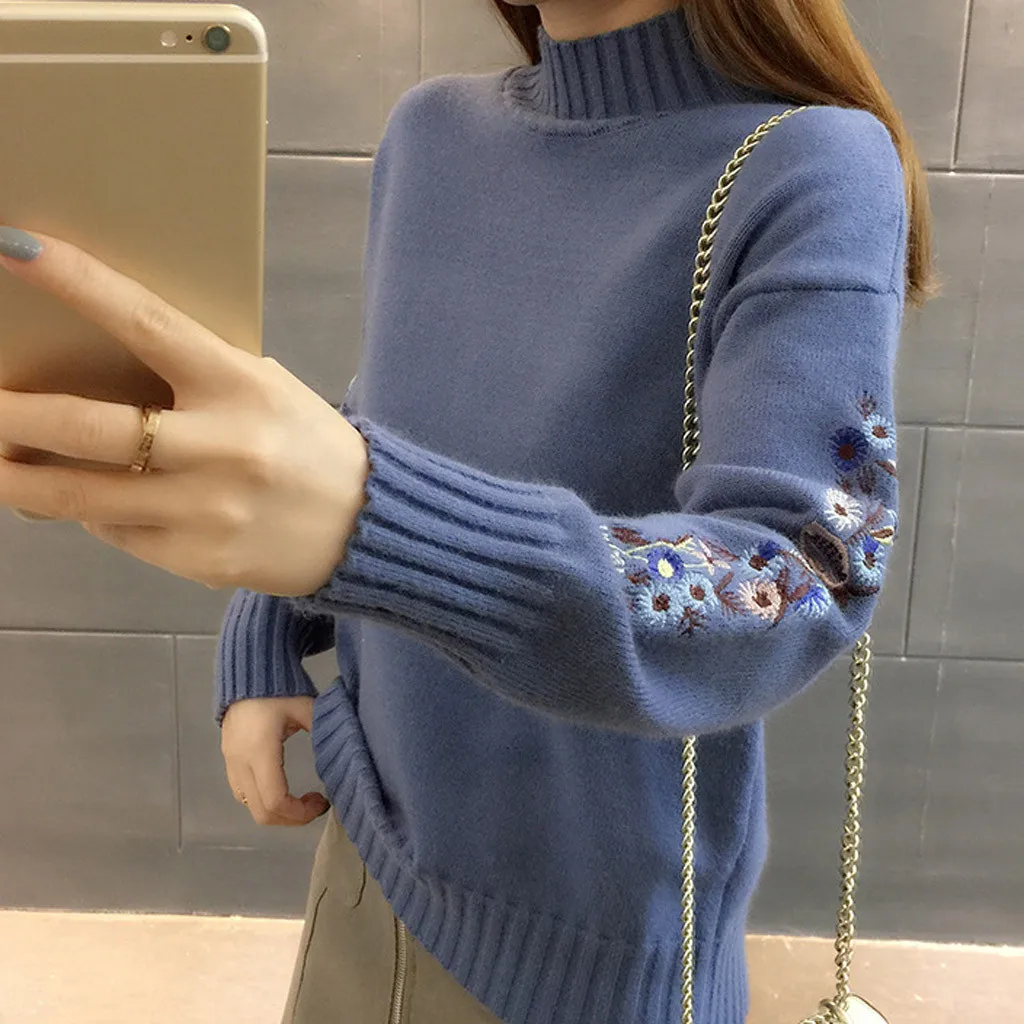 New Loose Thick Warm Winter Pullover Sweater Women Embroidery Jumper Half Turtleneck Long Sleeve Knit Yellow Sweater Female