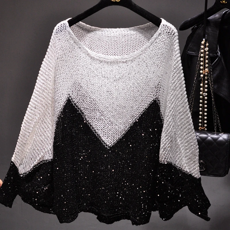 Yan Li Shinny Lurex 스웨터 여성 라운드 넥 롱 점퍼 캐주얼 니트 풀 Femme 풀오버 블링 블링 스팽글 스웨터