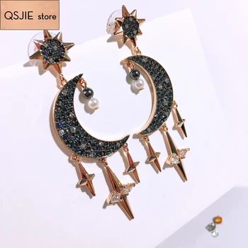 

QSJIE High quality Swa Star Moon Golden pendant earrings with black lady Earrings Glamorous fashion jewelry