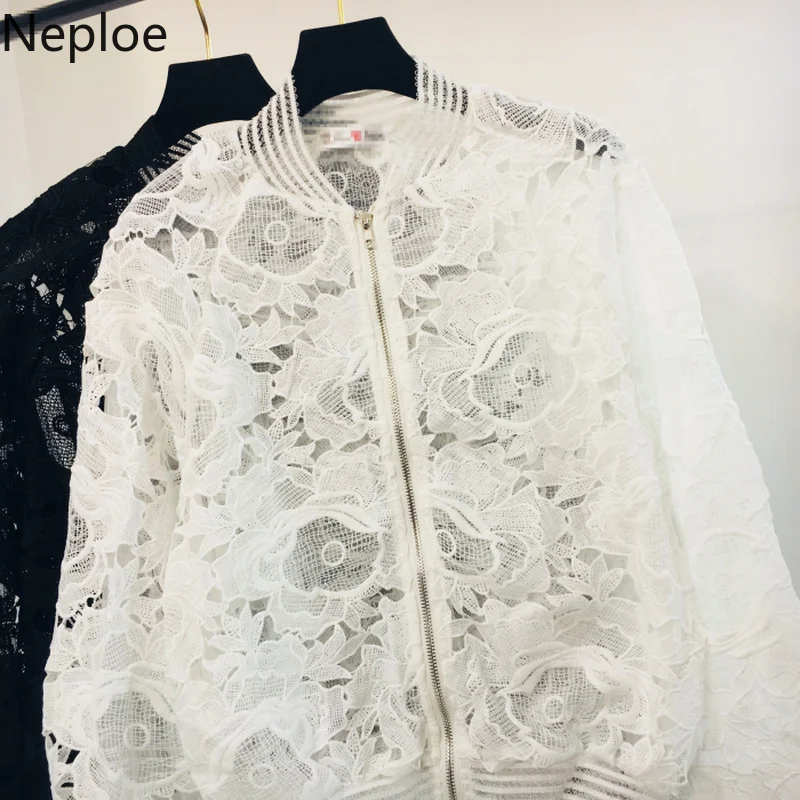 Neploe, Корейские осенние новинки, открытые кружевные пиджаки, модные, sexyцветочные, на молнии, с рукавами-фонариками, пальто, свободная бейсбольная форма 45645