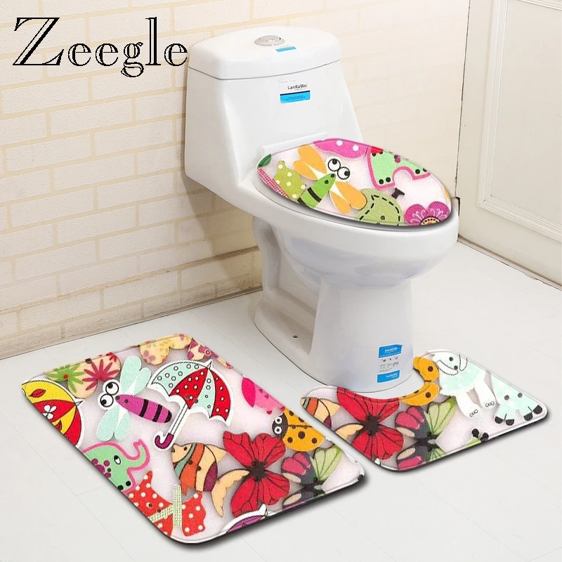 Zeegle Toilet 3 Pcs Rug Set Bathroom Flannel Floor Carpet for Home Decor Shower Room Lid Cover Set Non-Slip Foot Mat