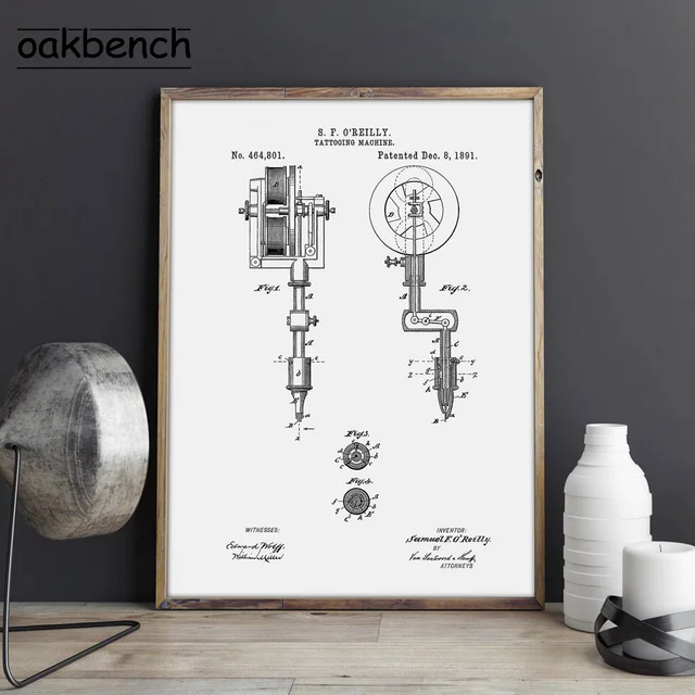 Tattoo Parlor Wall Art Canvas Painting First Tattoo Machine Patent Prints Vintage Blueprint Posters Wall Picture Home Decoration B