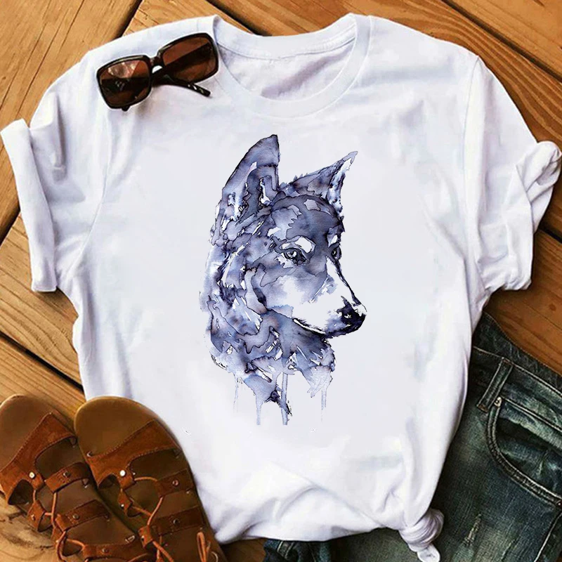 

Casual Animal Tshirt Female Summer Short Sleeve O Neck Loose Tshirt Tops Cartoon Wolf T Shirt Women Funny T-Shirt