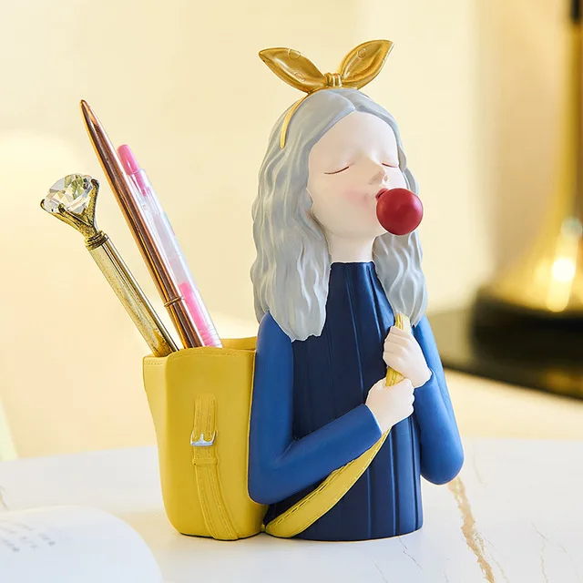 

Nordic Cute Girl Pen Holder Storage Box Resin Ornaments Home Livingroom Table Figurines Crafts Office Desktop Sculpture Decor
