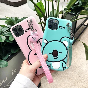 

Luxury cute cartoon BT21 Soft silicone Wriststrap phone case for iphone 11 Pro X XR XS Max 6S 7 8 6 Plus cover Girl gift coque