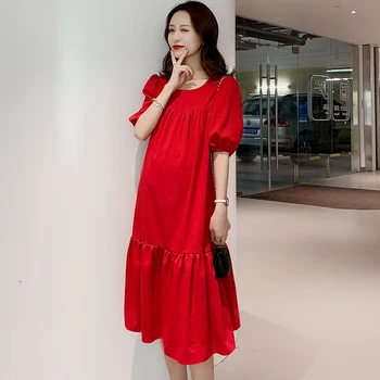 

A101# Vintage Red Cotton Linen Maternity Long Dress Summer Casual Clothes for Pregnant Women Plus Size Loose Pregnancy Clothing