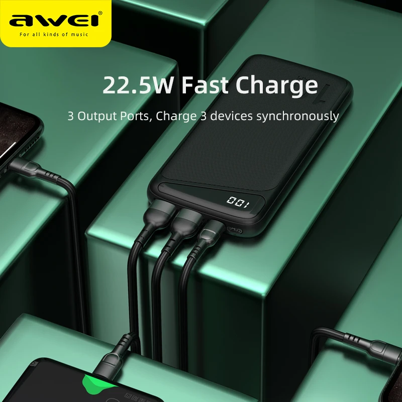  AWEI P103K 22,5 Вт внешний аккумулятор 10000 мАч для быстрой зарядки, светодиодный дисплей, быстрая зарядка, USB внешний аккумулятор типа C 
