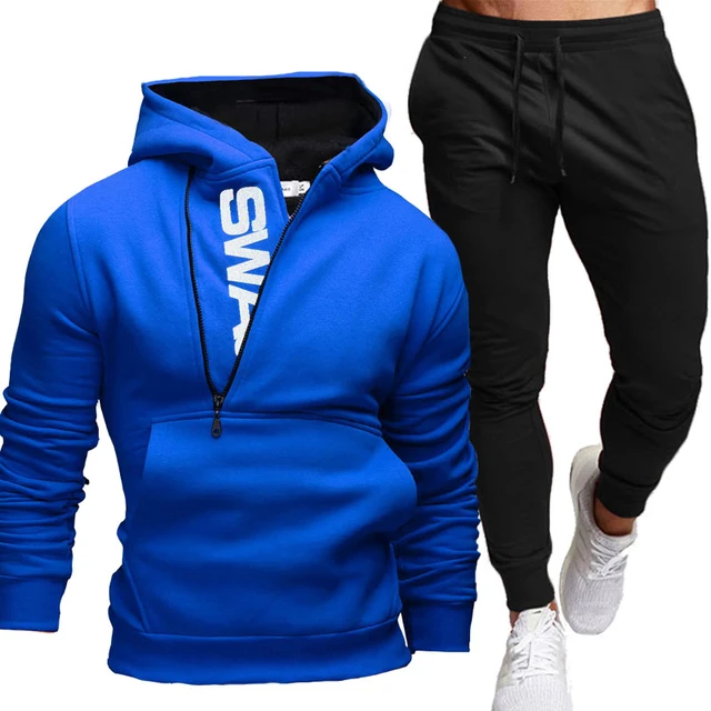 Men's Tracksuit Casual Sport Sets Zipper Hoodies Pants Two Piece Set Hooded Sportswear Fashion Sweatshirt Suit Man Clothing Blue