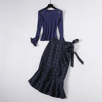 

HIGH QUALITY Newest Fashion 2020 Runway Suit Set Women's Knitting Sweater Ruffle Plaid Mermaid skirt set