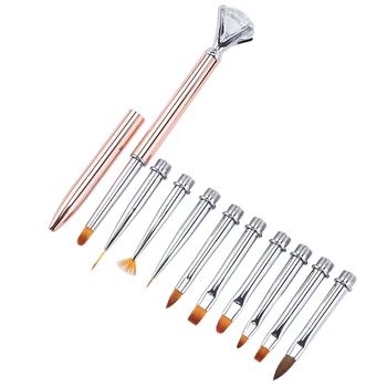 

Nail Brush for Manicure Gel Brush for Nail Art 10Pcs/Set Changeable Metal Rhinestone Nail Art Brush Pen-Rose Gold
