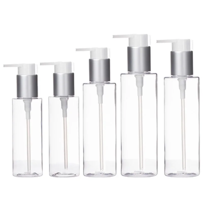 

20Pcs Lotion Bottle Empty Plastic Transparent 100ml 120ml 150ml 200ml 250ml Matte Silver Pump Cosmetic Packaging Refill Bottles