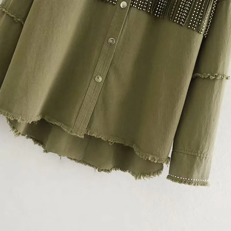 wonderful  Army Green Lapel Stylish Oversized Beading Decorate Denim Women Jacket Tassel Long Sleeve Coat Fema