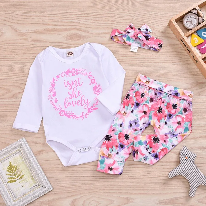Baby Clothes Kids Girl Romper Love at First Sight Floral Long Pants Flower Headband 3pcs Outfits 0-24M