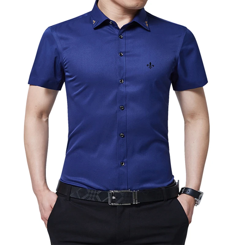 Против морщин и нежелезной вышивки мода Blusa Camisa Social Masculina Dudalina короткий рукав Slim Fit рубашка мужская одежда с цветочным рисунком - Цвет: DCZ2701-BLUE