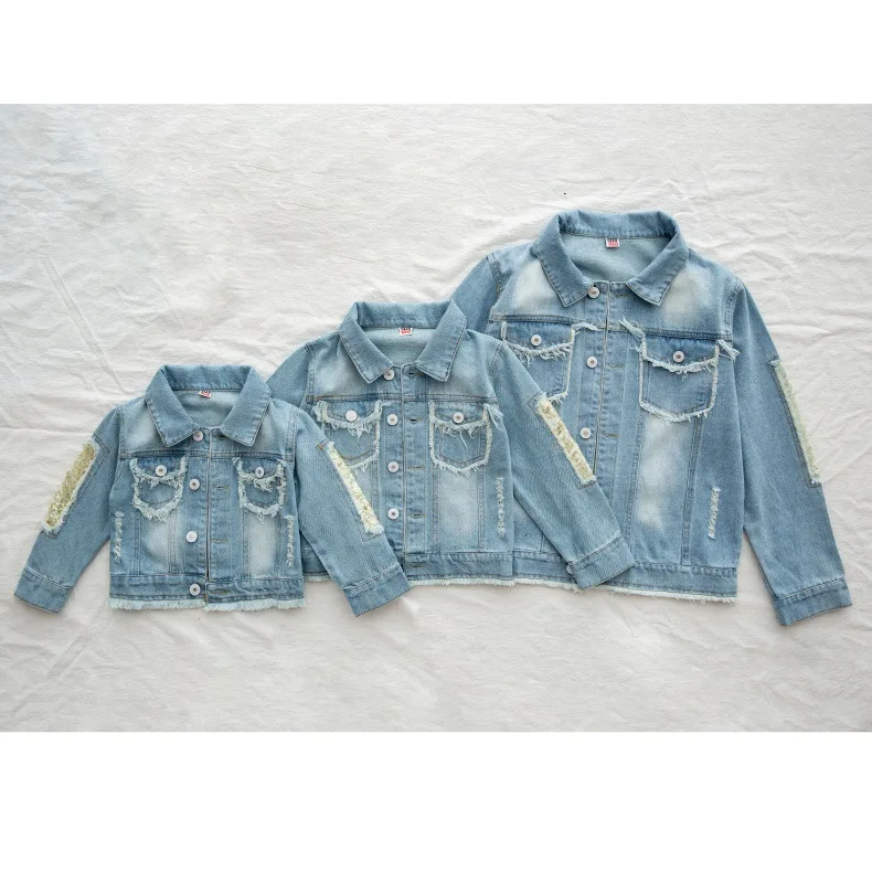 Kids Denim Girl Coat Pearl Buckle Sequins Girls Autumn Denim Blue Patched Bling Bling Glitter Outwear Clothing Jackets Tops