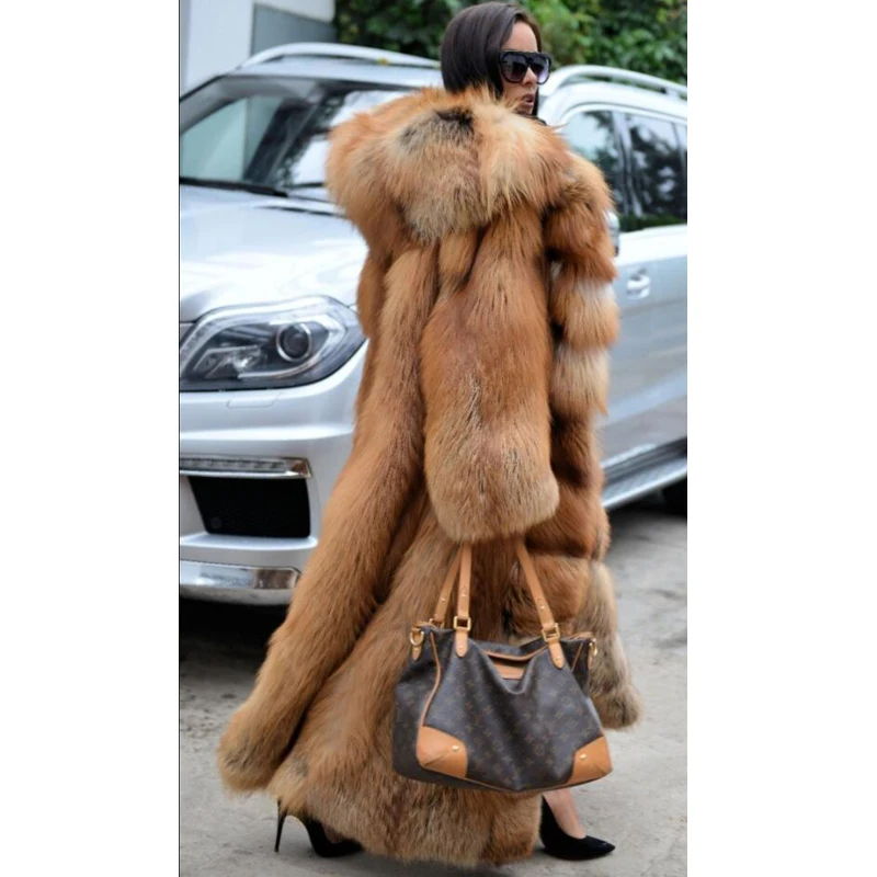 130 см длинное роскошное пальто из натурального меха Красной лисы с большим капюшоном, Толстая теплая зимняя куртка из натурального меха лисы, пальто из натурального меха для женщин