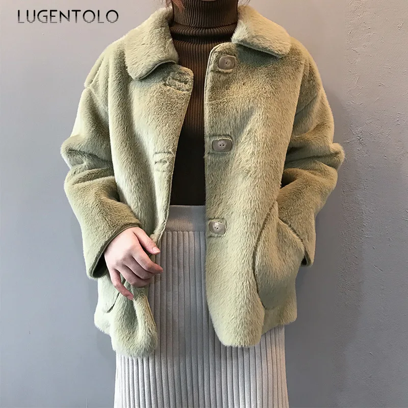 Lugentolo, Женское шерстяное зимнее пальто, свободное, одноцветное, отложной воротник, утолщенное, теплое, корейский темперамент, плюшевое, на пуговицах, простое, с карманами, пальто