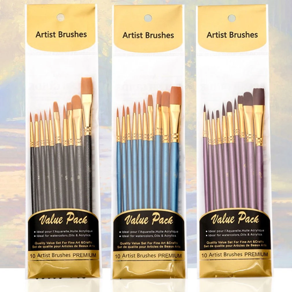 Artist Nylon Paint Brush Professional Watercolor Acrylic Wooden Handle Painting Brushes Art Supplies Stationery 10 pcs bristle brush painting