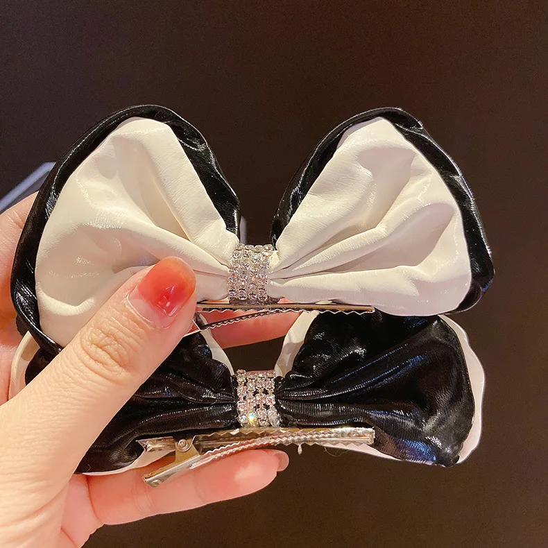 

Fashion Women Patchwork PU Leather Crystal 3D Bowknot Hair Clips Elastic Hair Band Handmade Sweet Barrette Hair Accessories