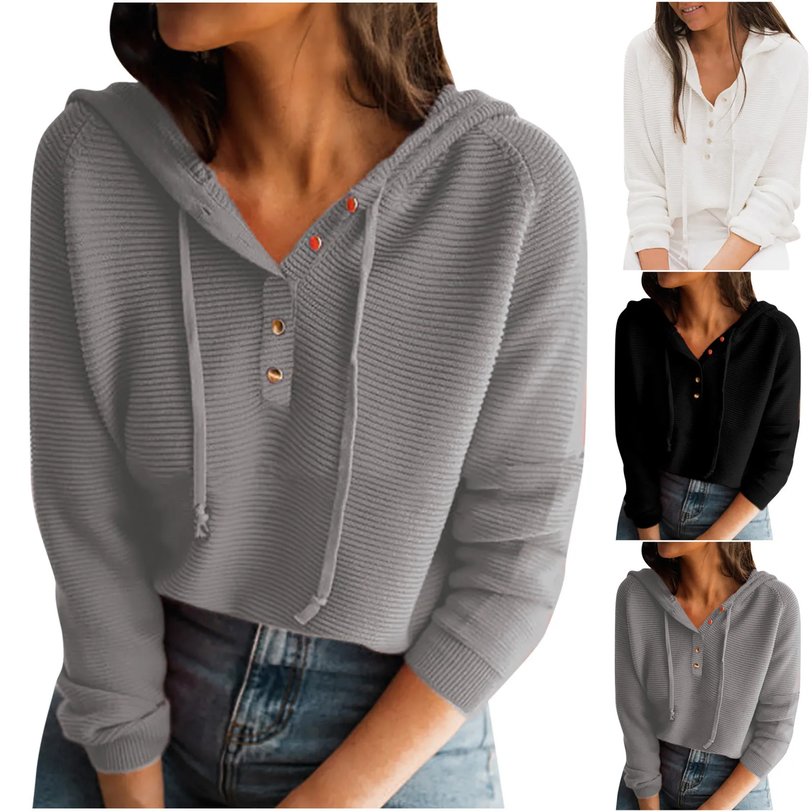 Hoodie Women's Clothing Fashion Casual Hooded Loose Solid Knitted Hedging Long Sleeve Sweatshirt Harajuku Ladies Pullover Tops 1