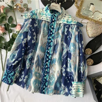 

2020 Spring French Retro Printed Long Sleeve Single-Breasted Loose-Fit Shirt Women's Blouse Ladies Temperament Tops Femme Blusas