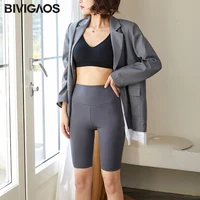 BIVIGAOS Spring Summer Elastic Sharkskin Knee Short Biker Shorts Women's High Waist Sexy bodybuilding Sport Shorts Black Gray 3