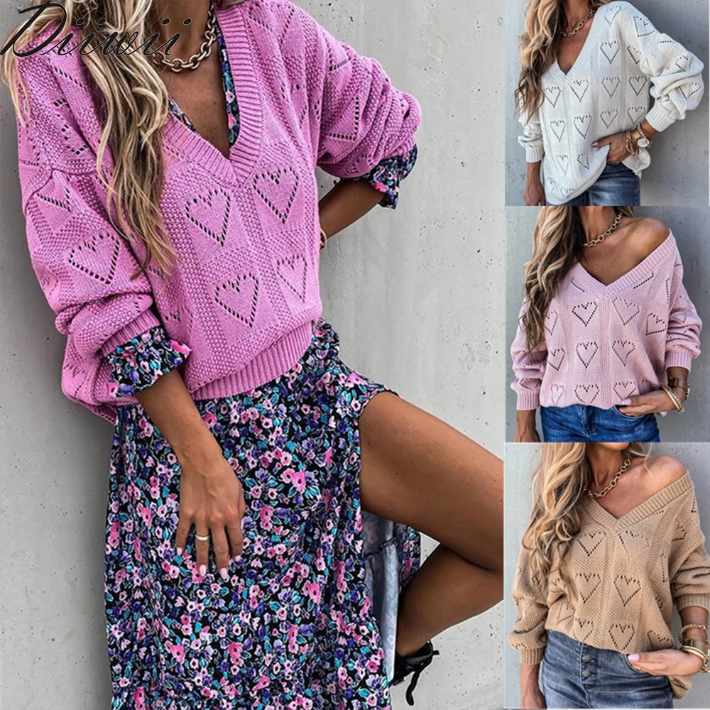 

Diiwii Women Sexy V Neck Elegant Patchwork Striped Print Tops Pullover Autumn Winter Sweater Casual Long Sleeve Knitted Jumper