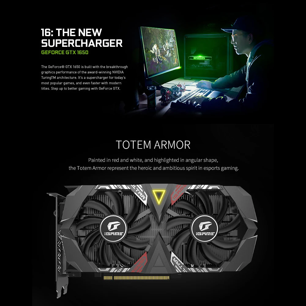 Оригинальная Красочная видеокарта IGame GeForce GTX 1650 Ultra 4G NVIDIA 128 бит игровая карта GDDR5 4 Гб с двумя вентиляторами HDMI DVI
