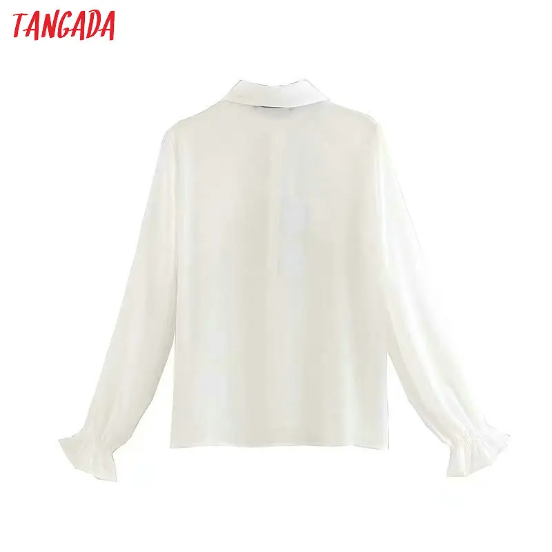 Tangada женские белые рубашки с рюшами с длинными рукавами, однотонный галстук-бабочка, элегантная Офисная Женская рабочая одежда, блузки 5Z22