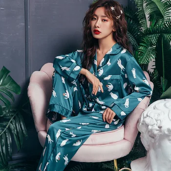 

Pajamas Women's Spring and Summer Imitated Silk Fabric Viscose Cat Tracksuit Long Sleeve Trousers Two-Piece Set
