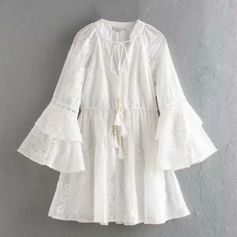 

2020 Europe And America feng chun WOMEN'S Dress New Style Long Sleeve Embroidered Double Bell Sleeve Drawstring Tassels Hollow o