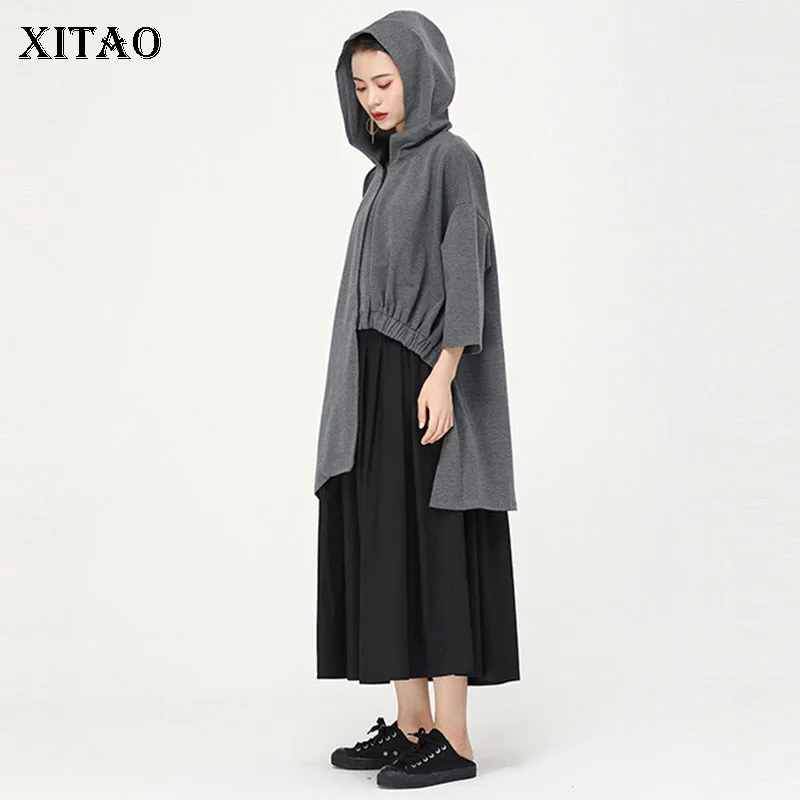 XITAO Женская Асимметричная плиссированная куртка с капюшоном размера плюс пальто