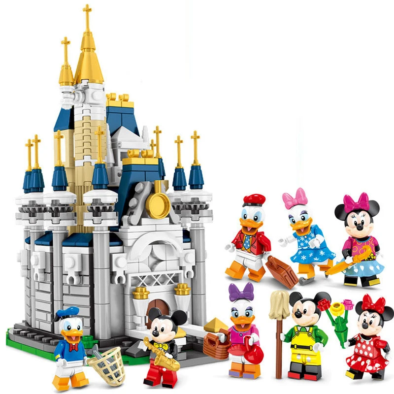 

2021 New Princess Castle Blocks Cute Mickeyed Mouse Donalded Ducked Anime Figure Educational Toy For Children Best Gift Disney
