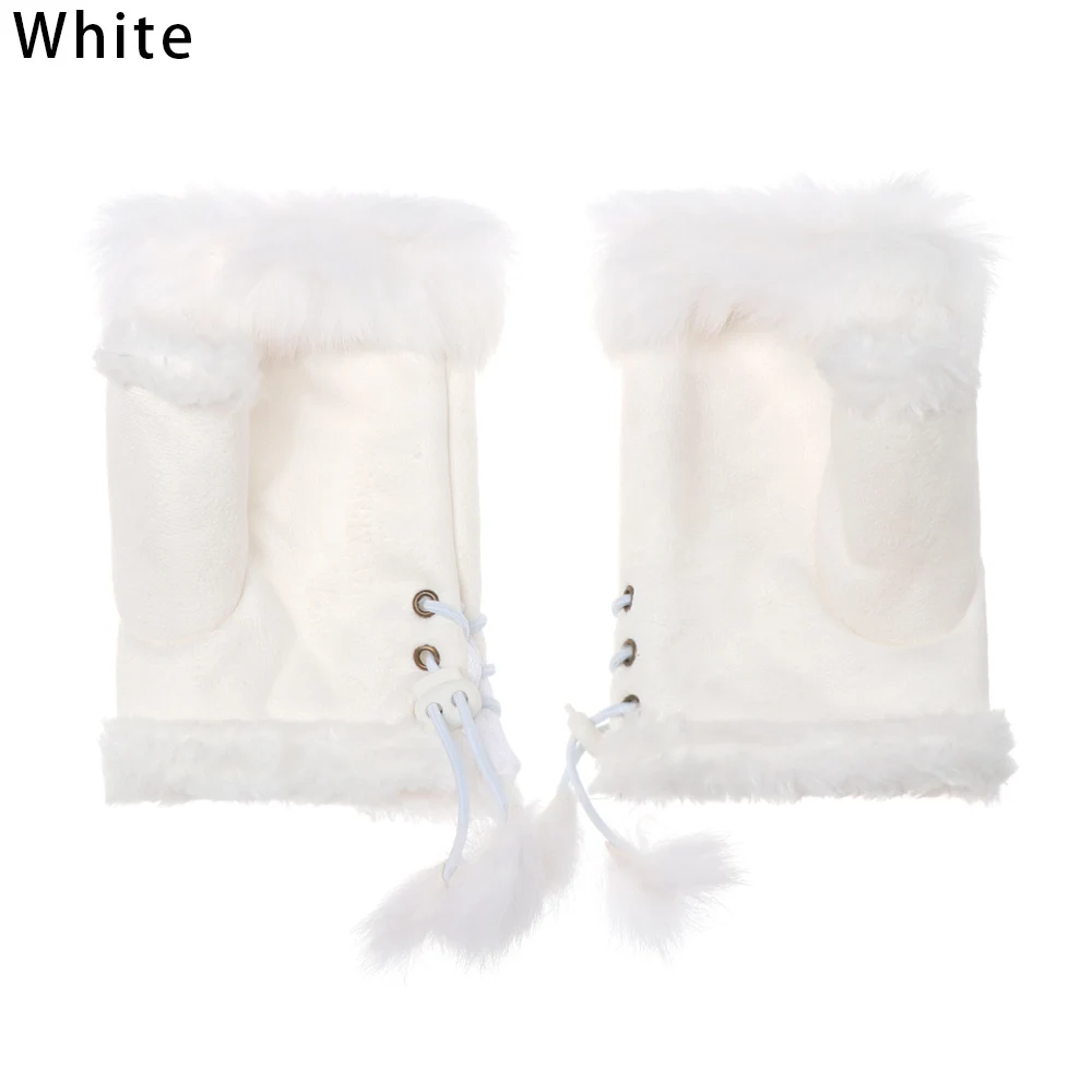 1 пара модные женские митенки перчатки без пальцев замшевые кожаные перчатки из искусственного кролика зимние перчатки высокого качества половинные перчатки - Цвет: white