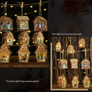 

Christmas Wooden Pendant Luminous Cabin Elk Santa Claus Snowman Ornament Christmas Colored Cabin Decoration