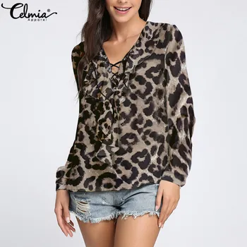 

Celmia Women Sexy Lace Up Leopard Blouse Chiffon Shirts V Neck Long Sleeve Tops 2020 Summer Ruffle Shirt Casual Loose Blusas 5XL