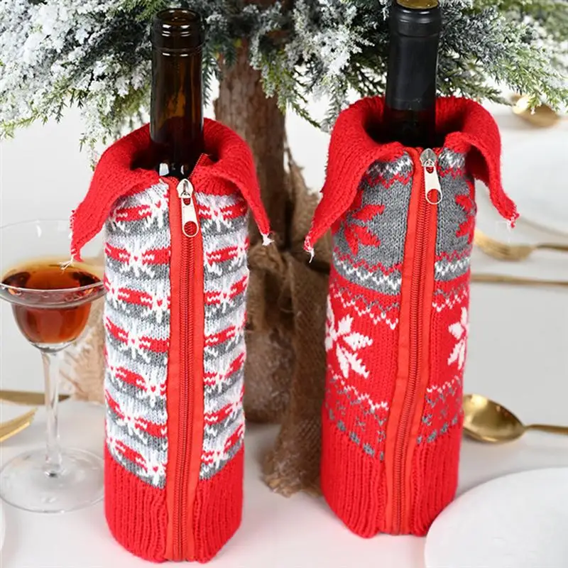2pcs Christmas Bottle Zippered Cover Christmas Bottle Knitting Pouch Snowflake Printing Red Wine Bottle Cover Xmas Party