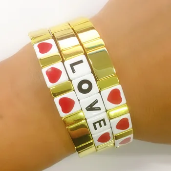 

New Arrival 1Pcs Bohemian Bracelet Handmade Friendship Braided Stackable Enamel Letter Tile Bracelet Bangles Suit For Women Gift