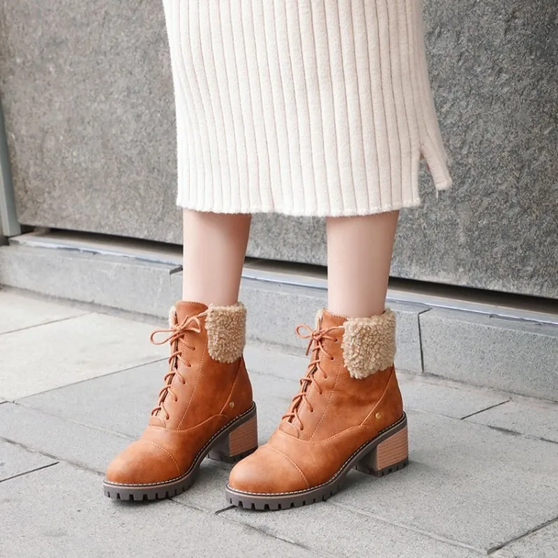 Women high heels matin boots Round Toe lace up ankle Women Boots vintage PU leather mujer zapatos a85