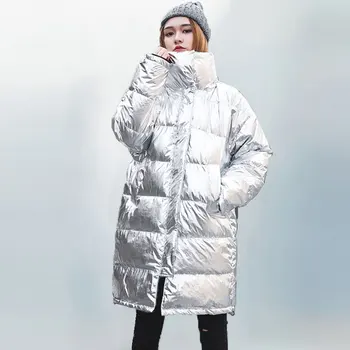 

Silver Shiny Cotton Jacket Women 2019 New Hip Hop Tide Brand Stand Collar Bread Coat Women Korean Loose Long Jacket Streetwear