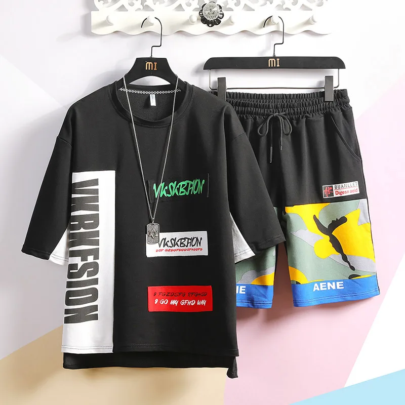 

2019 Summer New Style Hong Kong Style Street Leisure Suit Men's Fashion Fashion Printed Middle Sleeve T-shirt Shorts Set Fashion