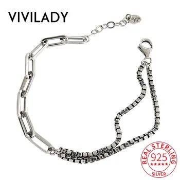

VIVILADY Authentic 925 Sterling Silver Retro Double Layer Box Wide Geometric Chain Women Charm Bracelet Chic For Female Jewelry