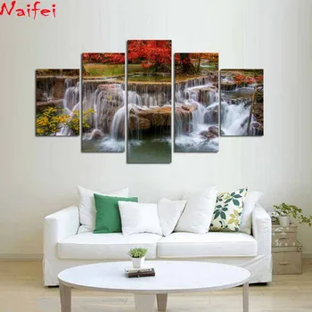 

5D DIY Diamond Painting 5 Piece Red Maple Tree Lake Waterfall Landscape Diamond Embroidery Cross Stitch Kit Home decoration