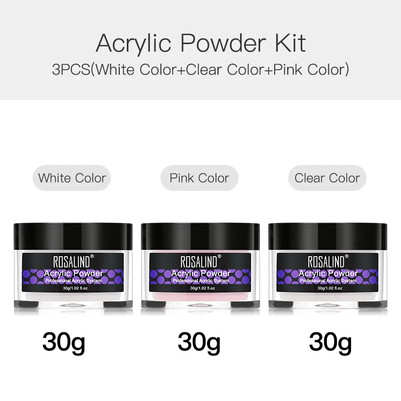 30g-3pcs-Set Набор акриловых порошков ROSALIND, кристаллический порошок, полигель для наращивания ногтей, инструменты для наращивания, маникюрный набор, акриловый набор для ногтей - Цвет: 30g-3pcs-Set