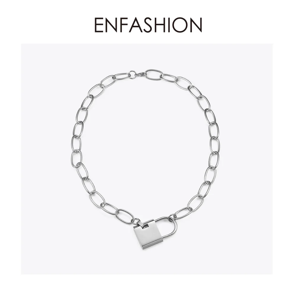 ENFASHION, большая цепочка с замком, колье, ожерелье для женщин, золотой цвет, нержавеющая сталь, женское ожерелье с подвеской, модное ювелирное изделие P193040 - Окраска металла: Silver color