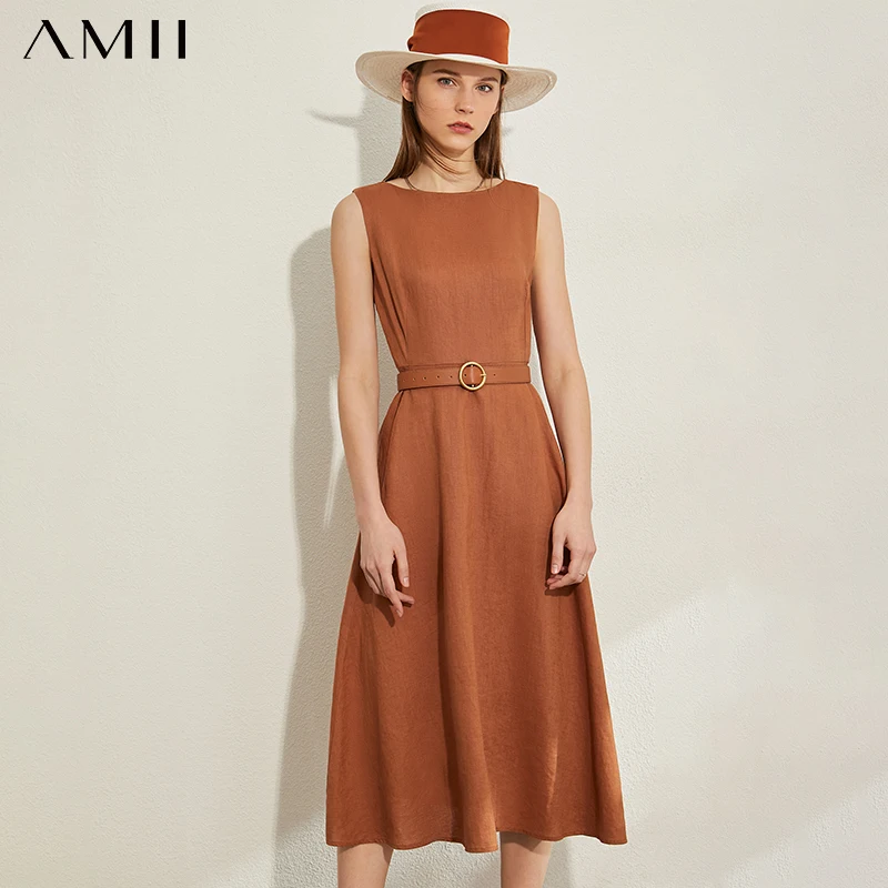 AMII Minimalism Spring Summer Vintage Solid Sleeveless Women Dress Causal Lady High Waist Oneck Belt Female Dress 12030124 AMII Minimalism Spring Summer Vintage Solid Sleeveless Women Dress Causal Lady High Waist Oneck Belt Female Dress 12030124