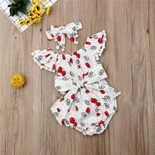 Одежда для новорожденных девочек с принтом клубники, Бандажное Боди без рукавов с круглым вырезом и бантом, повязка на голову с бахромой, комплект из 2 предметов