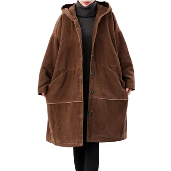 

Oversize corduroy cotton jacket women winter hooded Single-breasted thicken warm coats female long cotton-padded jacket G974