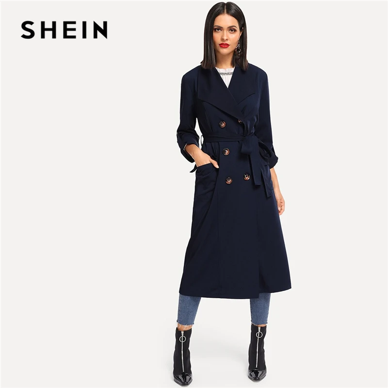 SHEIN, темно-синий свернутый рукав, двубортный с поясом, удлиненный Тренч, женское осеннее пальто с карманами, элегантная верхняя одежда для улицы